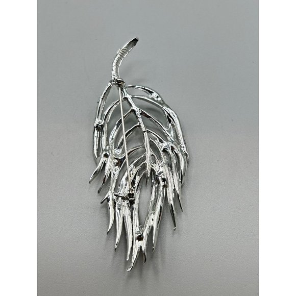 Vintage Rhinestones Feather Pin Brooch Silver Tone Aurora Borealis Oversized Pin - Picture 6 of 9